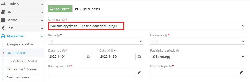 Ataskaitos šablono parinkimo langas